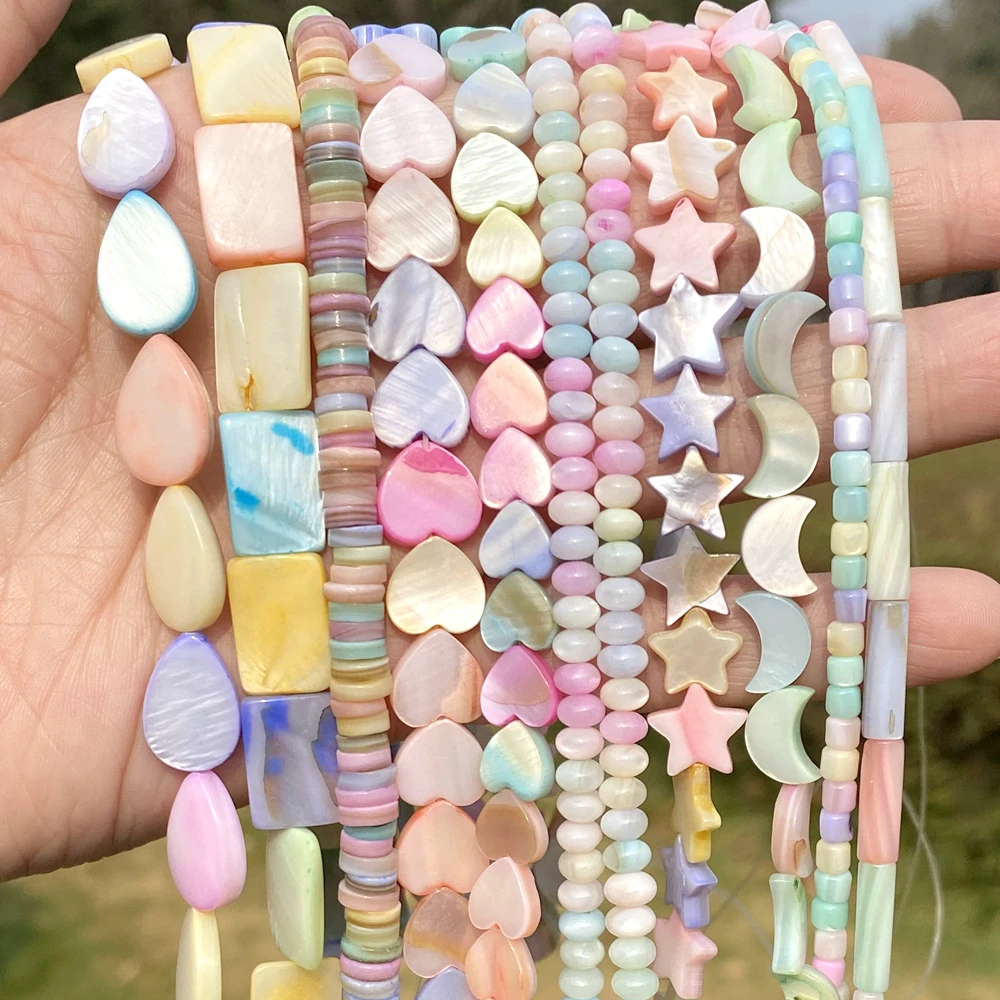 Natural Macaron Shell Beads Love Hreat Star Moon Cube Flat Round Allentato Spacer Beads Crafts For Diy Jewelry Bracciale Making 15"