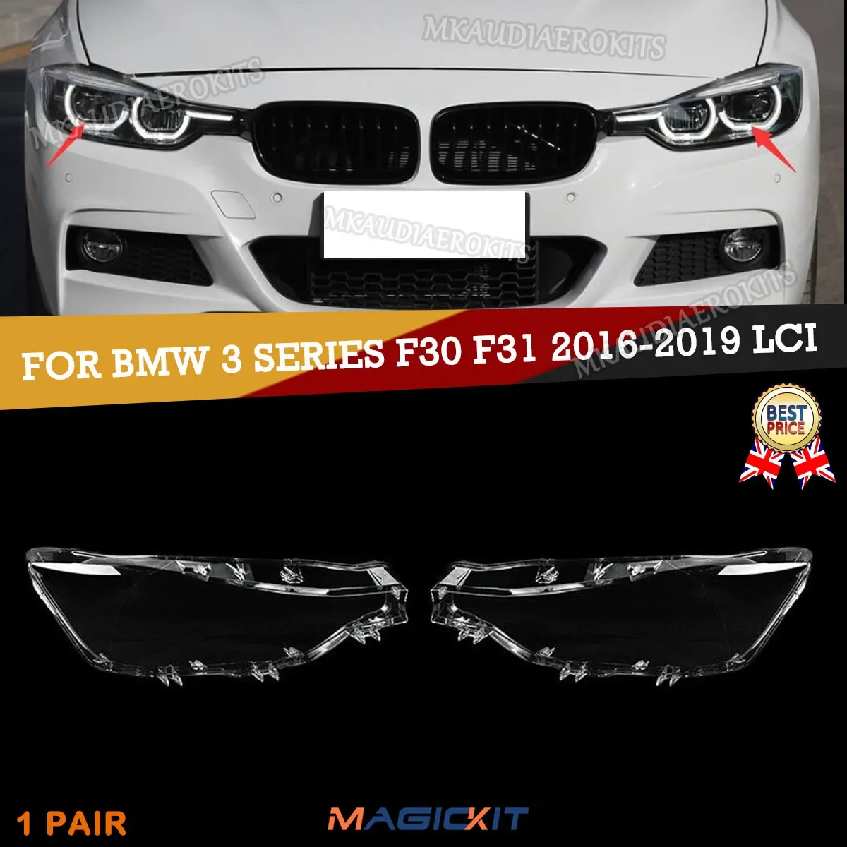 Coppia Magickit Copriobiettivo Faro In Policarbonato A Led Per Bmw F30 F31 Serie 3 2016-2018