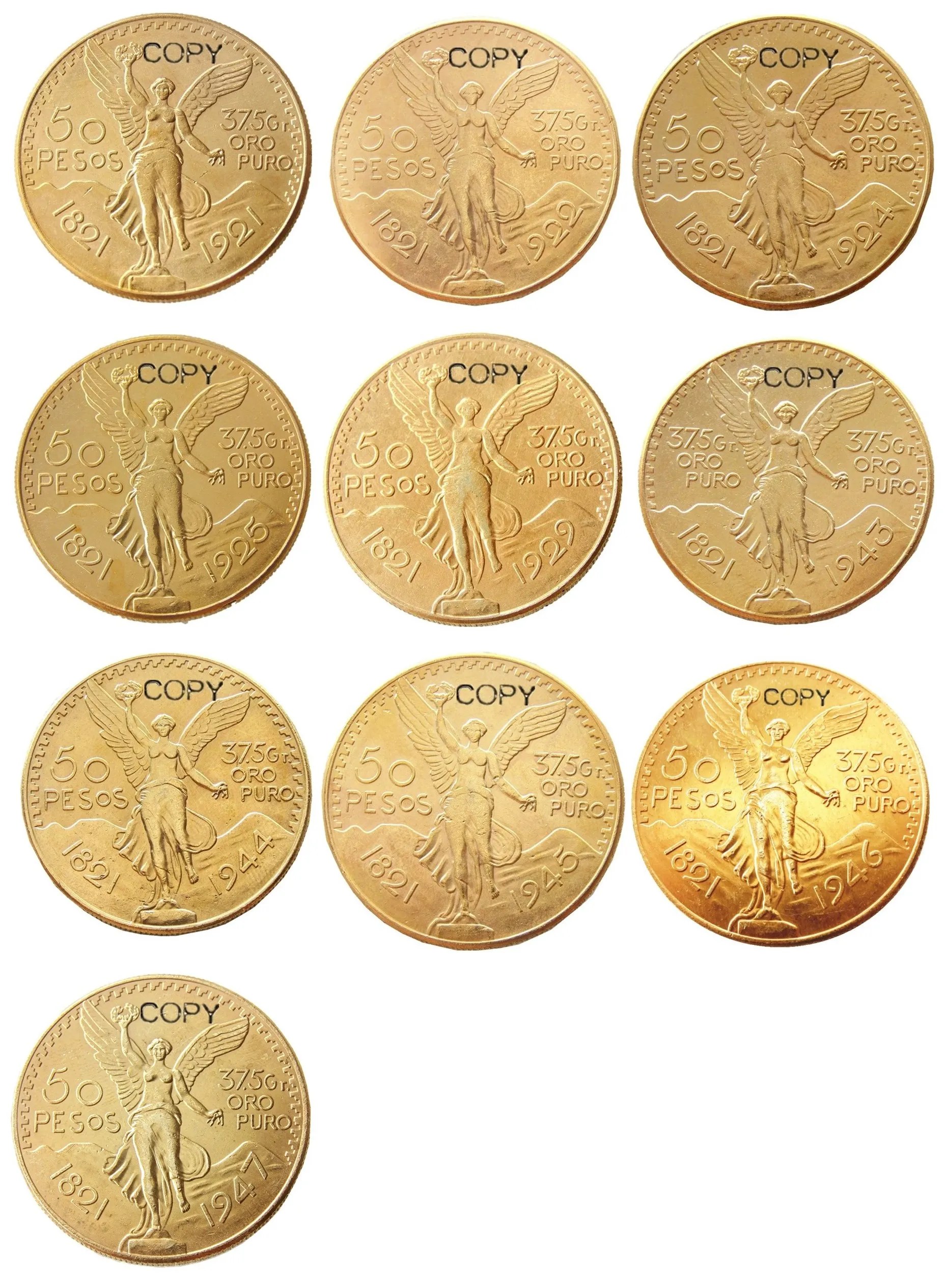 Un Set Di (1921-1947) 10 Pezzi Messico 50 Peso Placcato Oro Copia Moneta