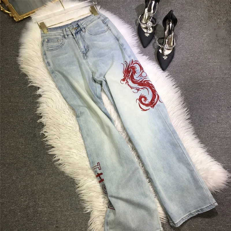 Pantaloni Lunghi Dritti Del Drago Del Ricamo Di Stile Cinese All-Match Primavera Estate Jeans Blu Chiaro Mopping Floor Denim Pants Casual