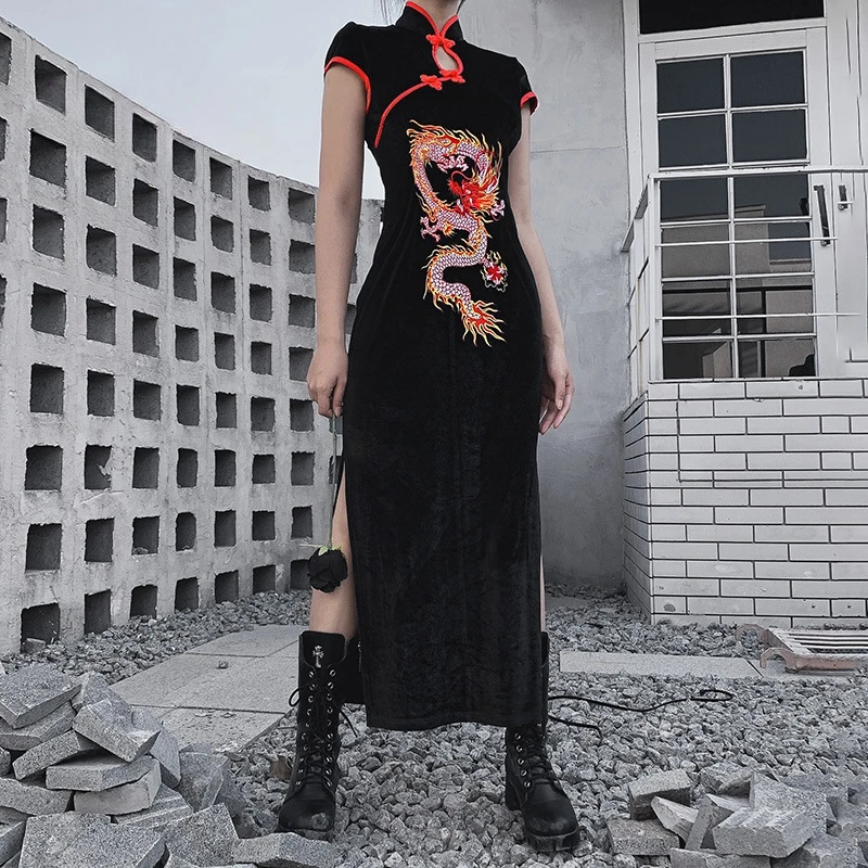 Harajuku Vintage Chinese Style Split Long Cheongsam Vestidos Women Gothic Dragon Ricamo Slim Black Maxi Dress