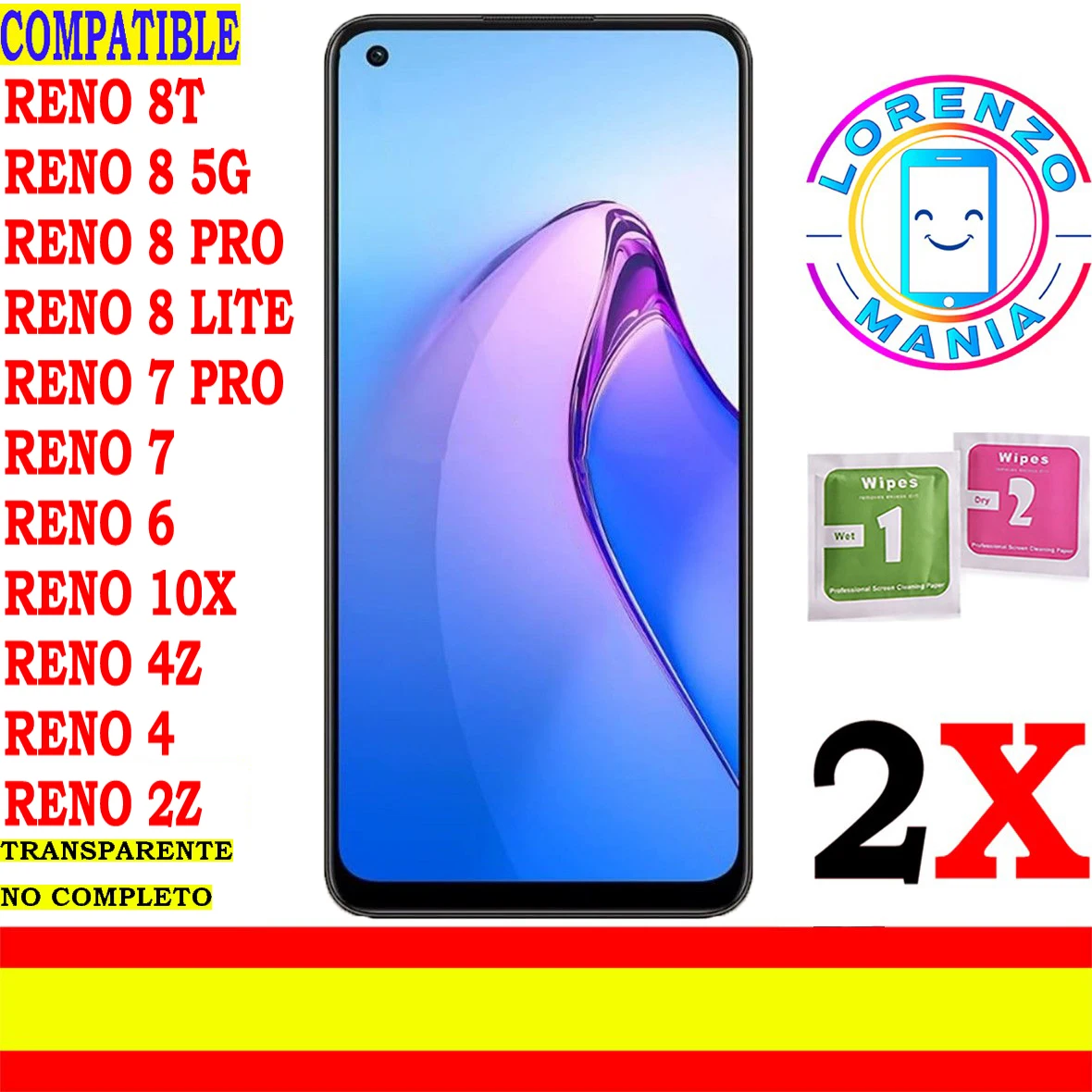 2 Proteggi Schermo Generico Non Completamente Compatibile Oppo Reno 8T, Reno 8 5G, Reno 8 Pro 5G, Reno 8 Lite, Reno 7 Pro, Reno 6, Reno 10X Zoom 4Z Re