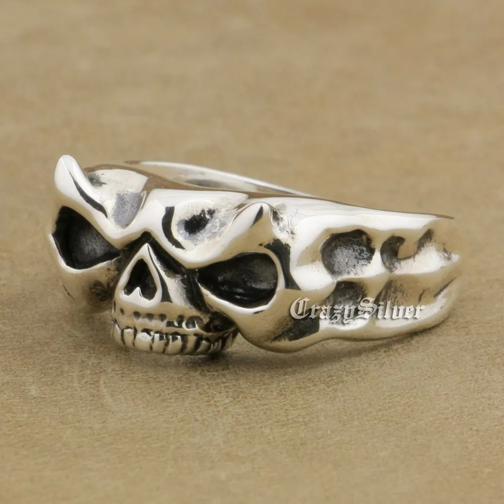 925 Sterling Silver Skull Anello Di 10 Millimetri Di Larghezza 925 Sterling Silver Mens Biker Anello Punk Ta14 Formato Degli Stati Uniti 7 ~ 14