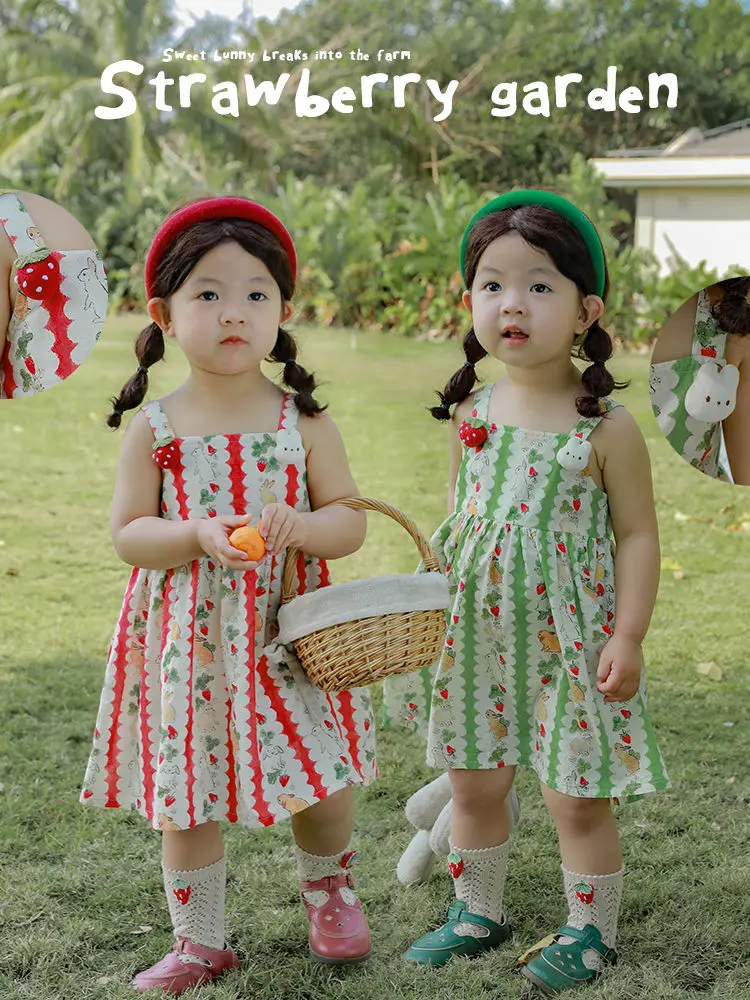 Summer Stripe Rabbit Bunny Lace Floral Dress Lolita Child Girls Midi Dress Abiti Per Bambini Per Adolescenti Party Princess Sundress