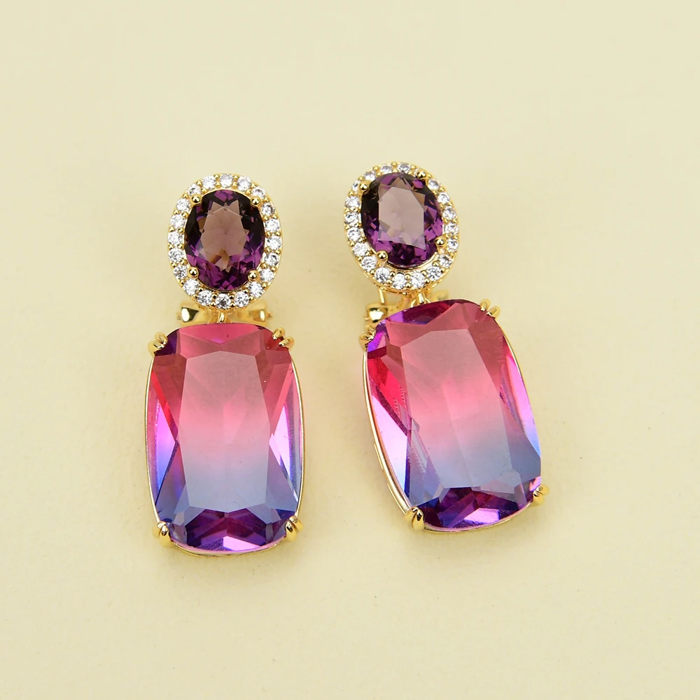 Gg Natural Gradient Red Purple Crystal Rectangle Karat Gold Omega Zircone Orecchini Donna Daily Wear Jewelry