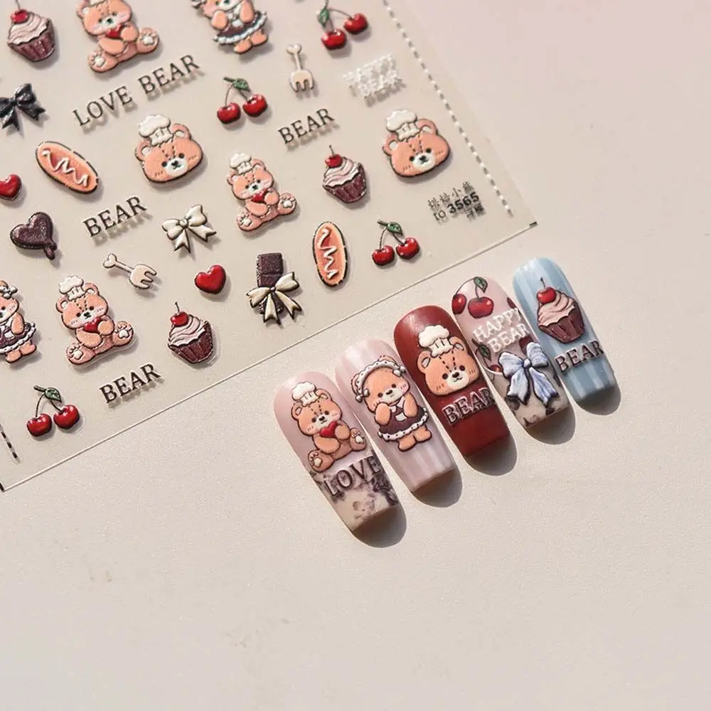 Cartoon Cute Heart Cherry Bear Nail Dinosaur Nail Stickers 5D Dog Nail Art Decal Design Manicure Tool