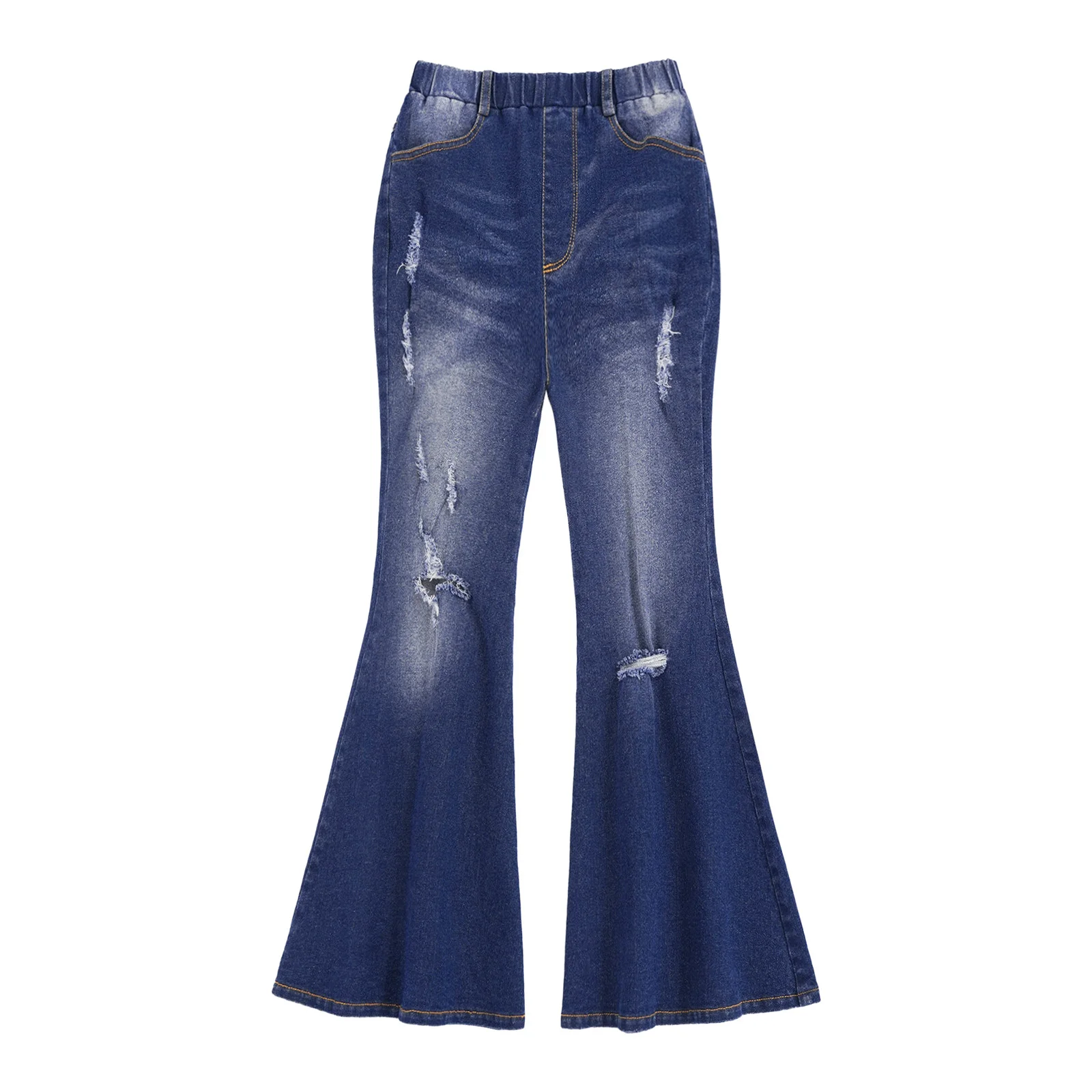Kids Girls Flare Pants Jeans Trousers Children Teenage Fashion Elastic Waistband Ripped Denim Bell-Bottom Slim Fit Long Pants