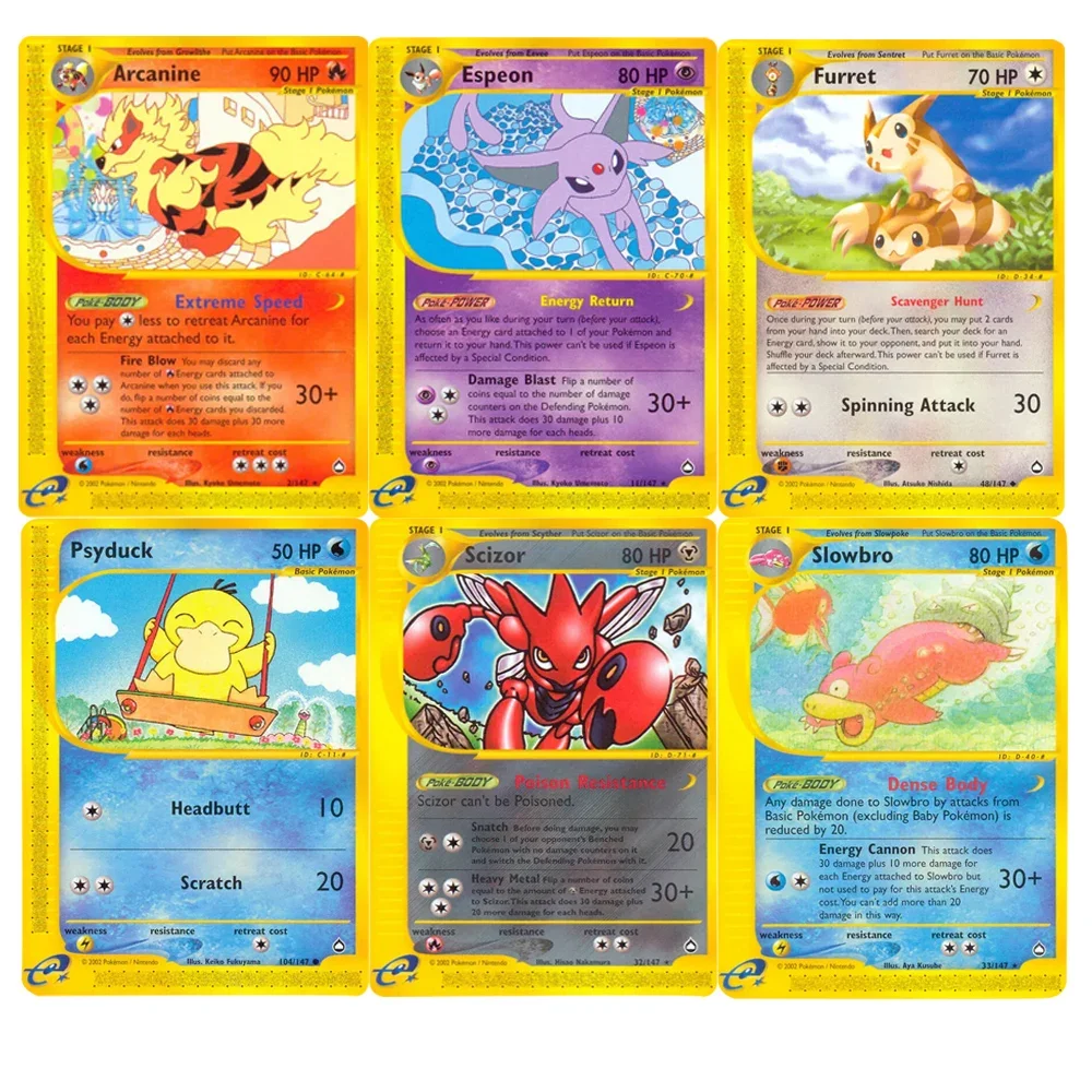 Carte Pokemon Foil Flash Card Serie E-Card Scizor Furret Slowbro Espeon Tyraniitar Psyduck Pokemon Carte Collezionabili Carta Proxy