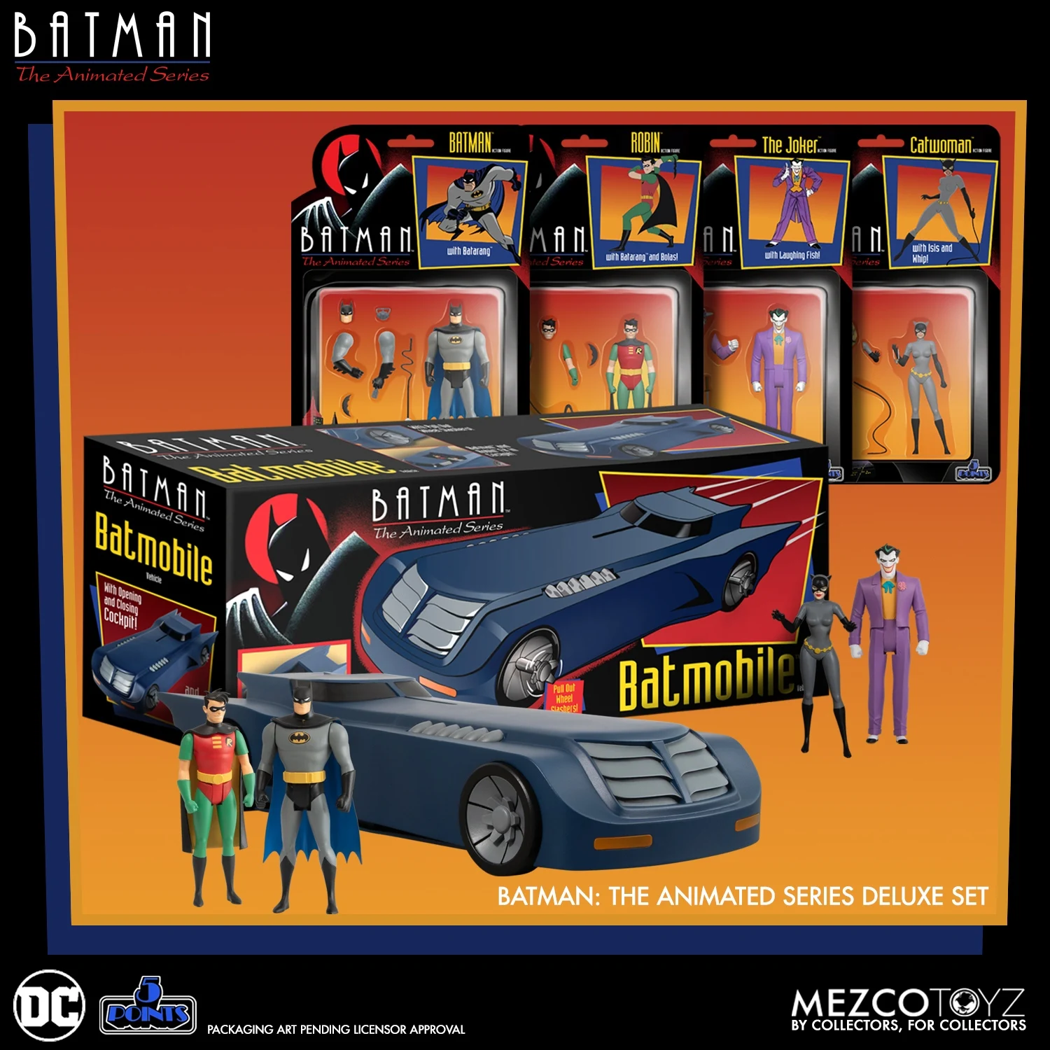 Mezco Toyz Original Batman: The Animated Series Deluxe Set 12.5Cm Action Figure The Joker Catwoman Robin Batmobile Batman Model