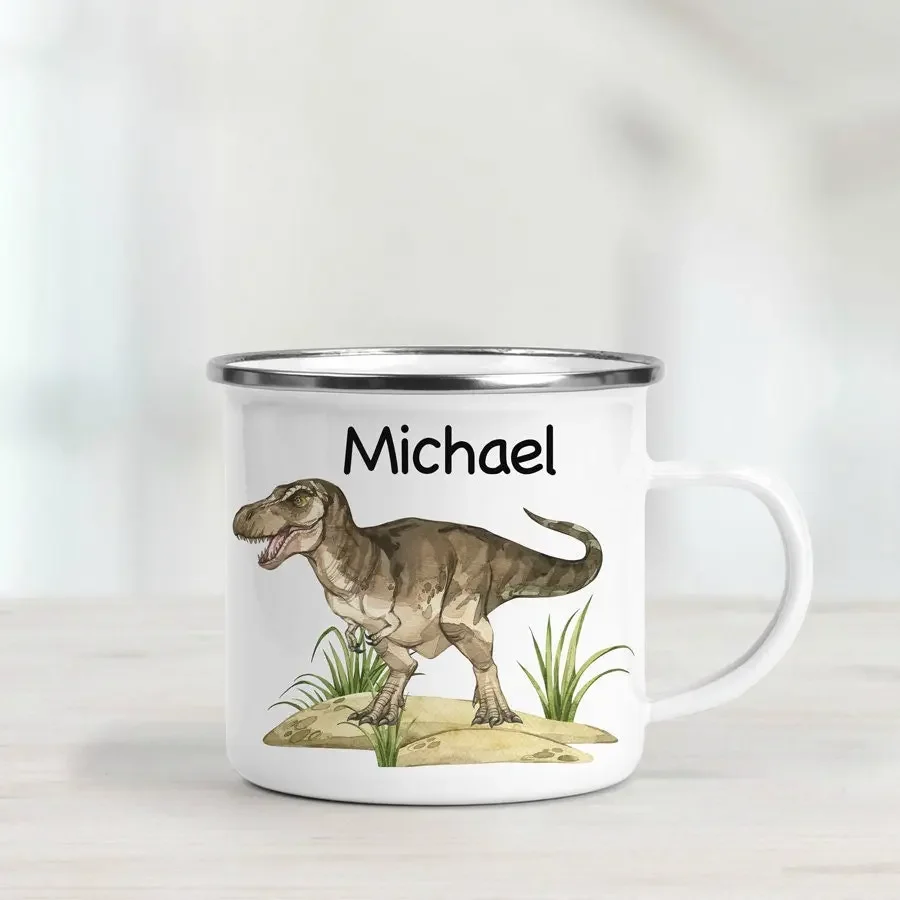 Tazza Smaltata Personalizzata Dinosaur Tyrannosaurus Camping Mug 350Ml Camper Coffee Cup Dino Lover Boy Birthday Gift