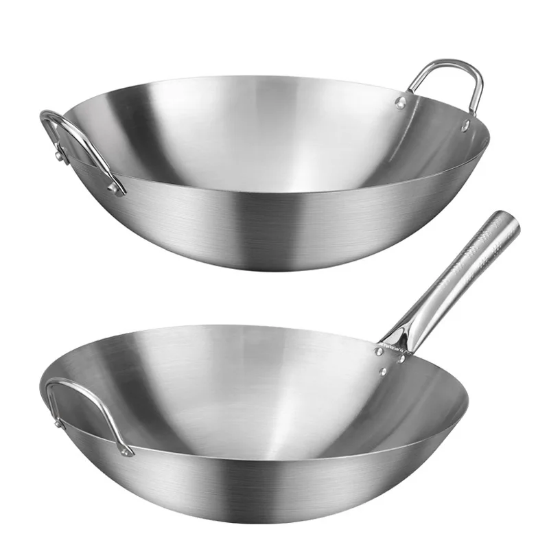 Wok Antiaderente In Acciaio Inossidabile Wok Cinese Fatto A Mano Doppio Orecchio Chef Fry Wok Fornello A Gas Senza Rivestimento Fondo Tondo Wok Da Cuc