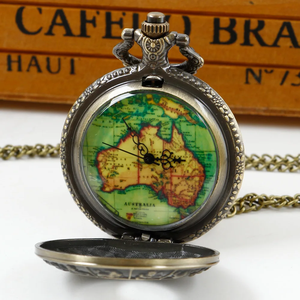 8093 Unico Rame Zodiac Hollow Pierce Pocket Map Australia Design Fob Watch Casual Uomini E Donne Catena Regalo