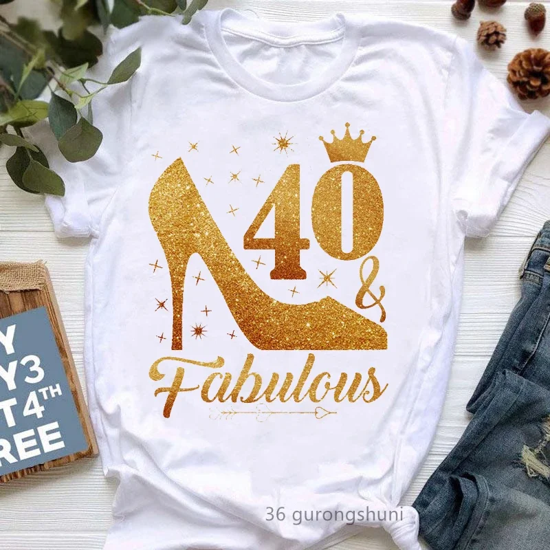 40 Fabulous Crown Graphic Print T-Shirt Donna Fashion Crown Lips Tshirt Femme Happy Birthday To Me T Shirt Top Femminili