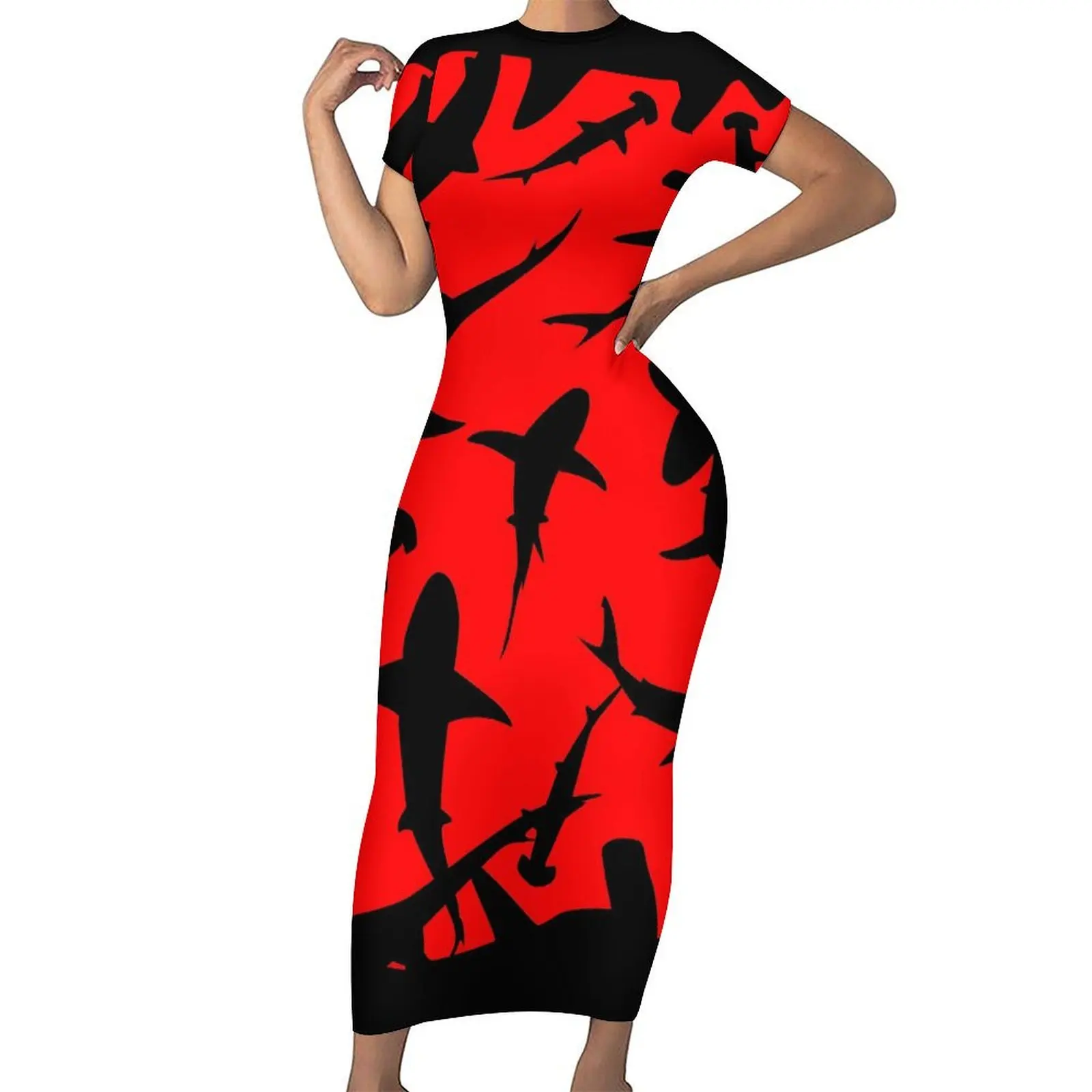 Blue Sharks Dress Manica Corta Animal Print Maxi Abiti Sexy Summer Street Fashion Graphic Bodycon Dress Big Size 4Xl 5Xl