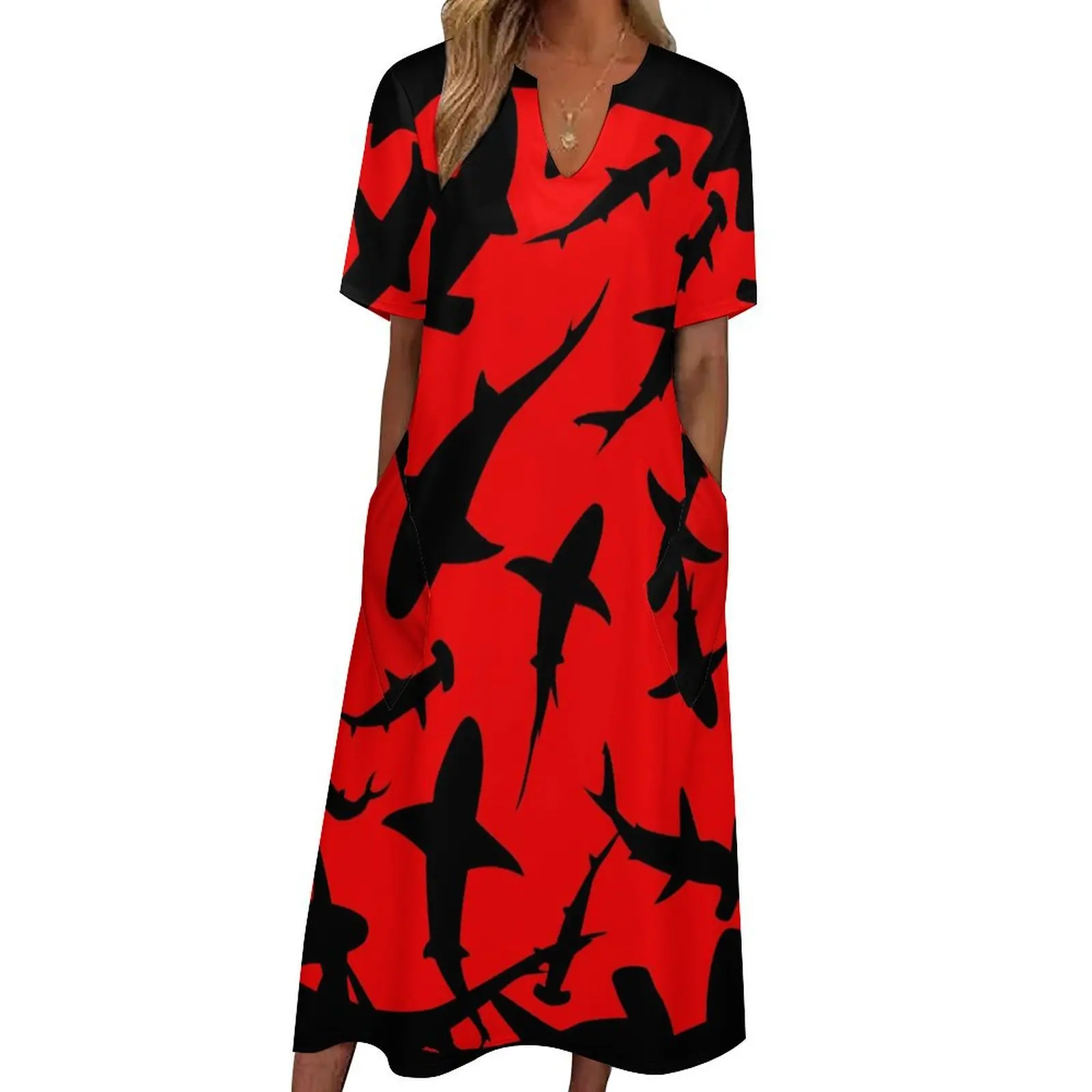 Blue Sharks Dress Summer Animal Print Street Style Boho Beach Abiti Lunghi Ladies Design Elegante Maxi Dress 3Xl 4Xl 5Xl