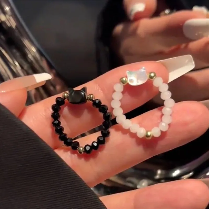 2Pcs Natural Moonstone Ossidiana Anelli Perline Minimalista Fidget Ring Cute Black White Cat Ring Donna Uomo Accessori Per Feste Gioielli