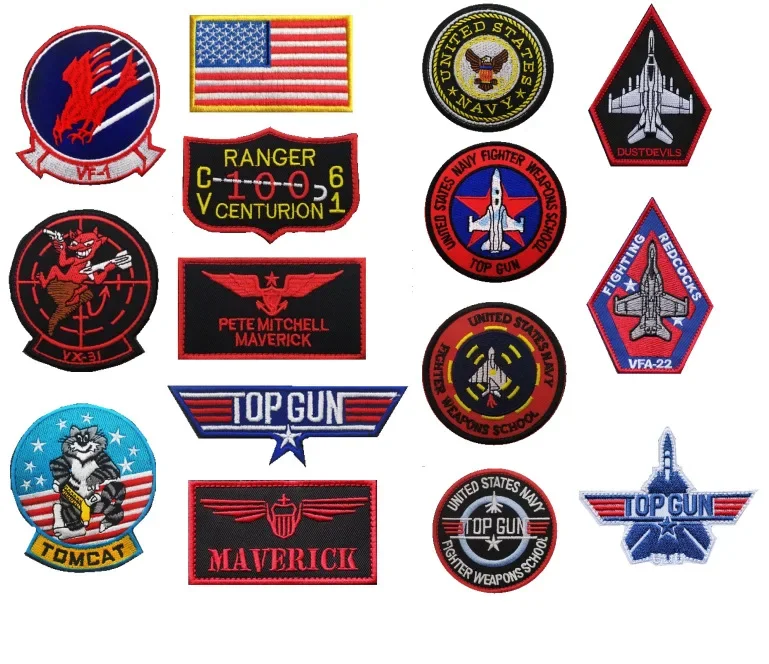 Top Gun Ricamo Flight Patch Hook Loop Adesione Colla Back Jet Fighter Pilots Morale Badge Per Old School Flying Jacket Fai Da Te