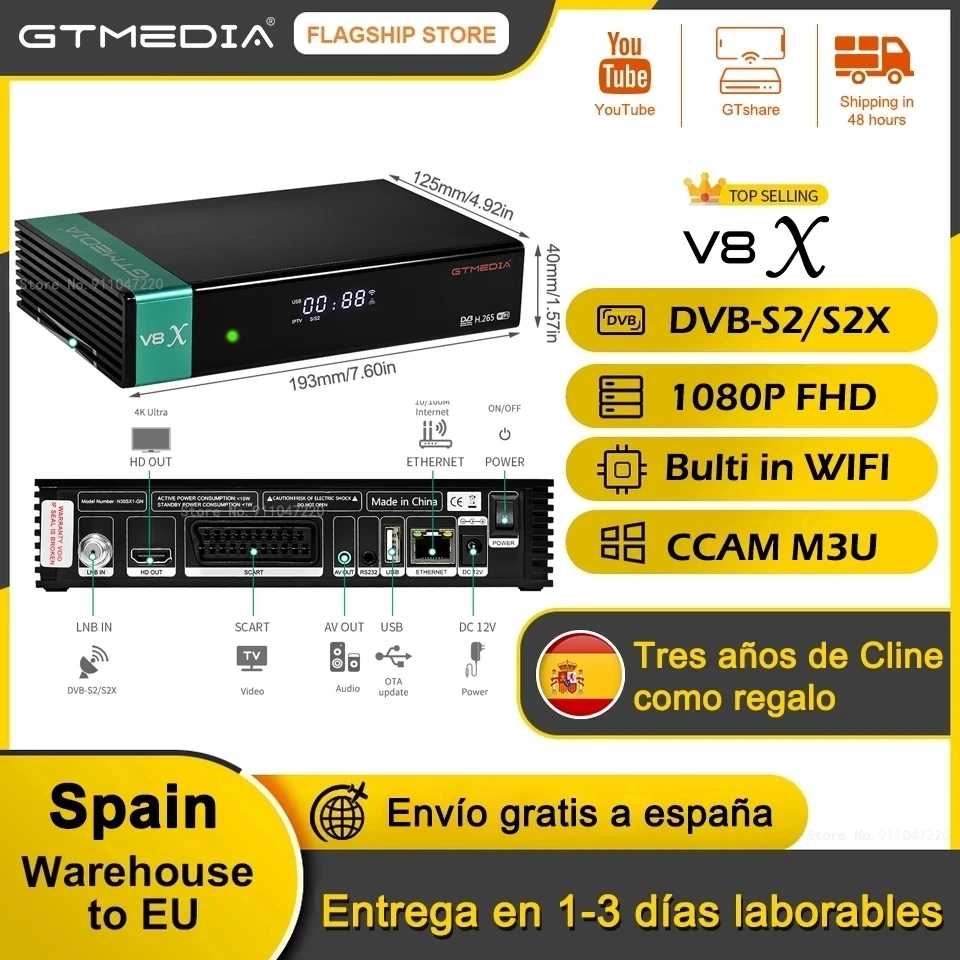 Ricevitore Satellitare Gtmedia V8X H.265 Decoder Dvb S2 S2X Con Wifi Integrato, Supporto Tntsat Smart Gt Media V7S 2X, Supporto Usb, H.264