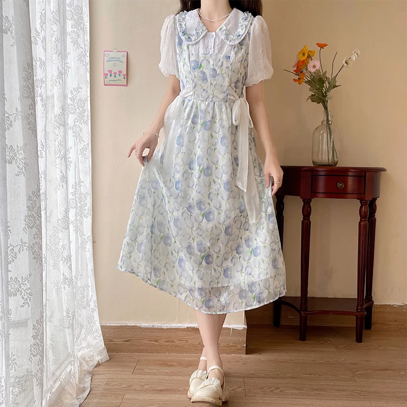 Baby Neck Floral Dress 2024 Primavera/Estate New Tea Break French First Love Abito Lungo Puro E Dolce Per Ragazze