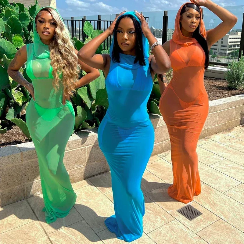 Donne 2024 Summer Mesh See Through Party Club Streetwear Vacation Bodycon Long Dress Articoli All'Ingrosso Per Affari