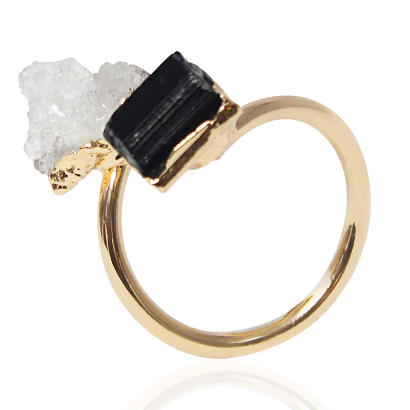 Druzy Crystal Black Tourmaline Open Ring Golden Irregolare Handmade Raw Stone Finger Jewelry Dimensioni Regolabili