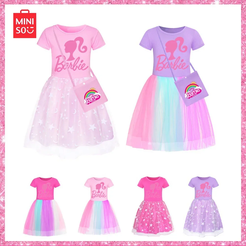 2024Miniso Barbie Princess New Children Summer Dress Stars Rainbow Rainbow Lace Saree Dopamine Girl Wear Regalo Di Natale