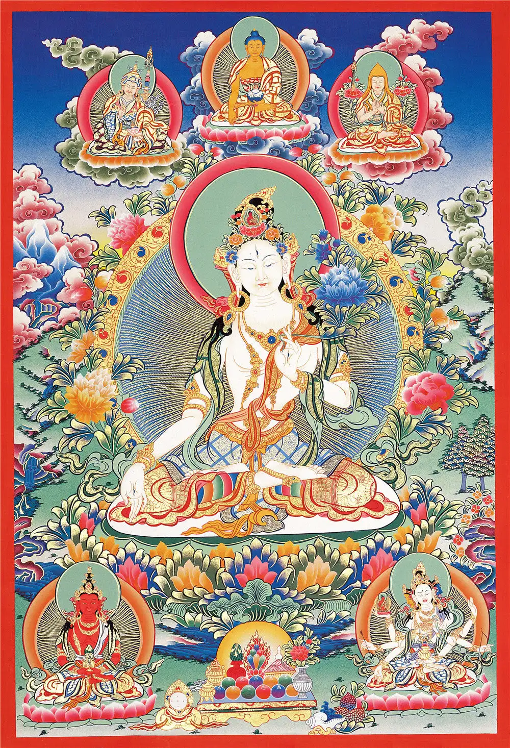White Tara Thangka, Ganganra Buddista Tibetano Thangka Art, Giclée Stampato E Incorniciato A Mano, 47 "X 32"