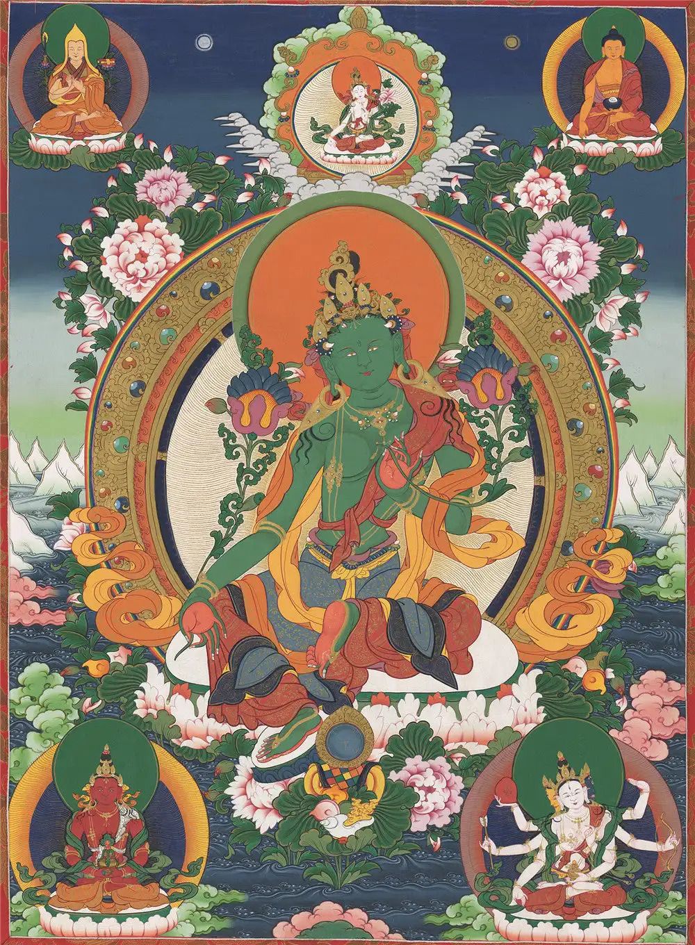 Green Tara Thangka, Ganganra Buddista Tibetano Thangka Art, Giclée Stampato E Incorniciato A Mano, 47 "X 32"
