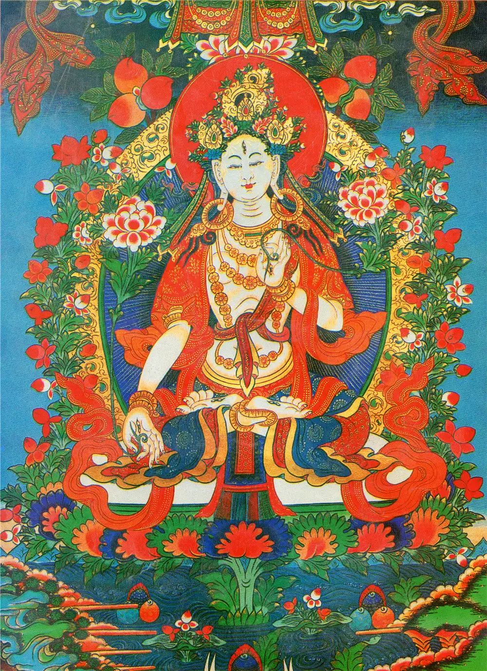 White Tara Thangka, Ganganra Buddista Tibetano Thangka Art, Giclée Stampato E Incorniciato A Mano, 47 "X 32"