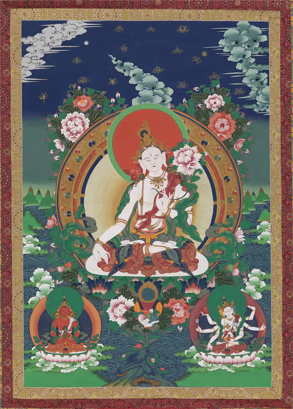 White Tara Thangka, Ganganra Buddista Tibetano Thangka Art, Giclée Stampato E Incorniciato A Mano, 47 "X 32"