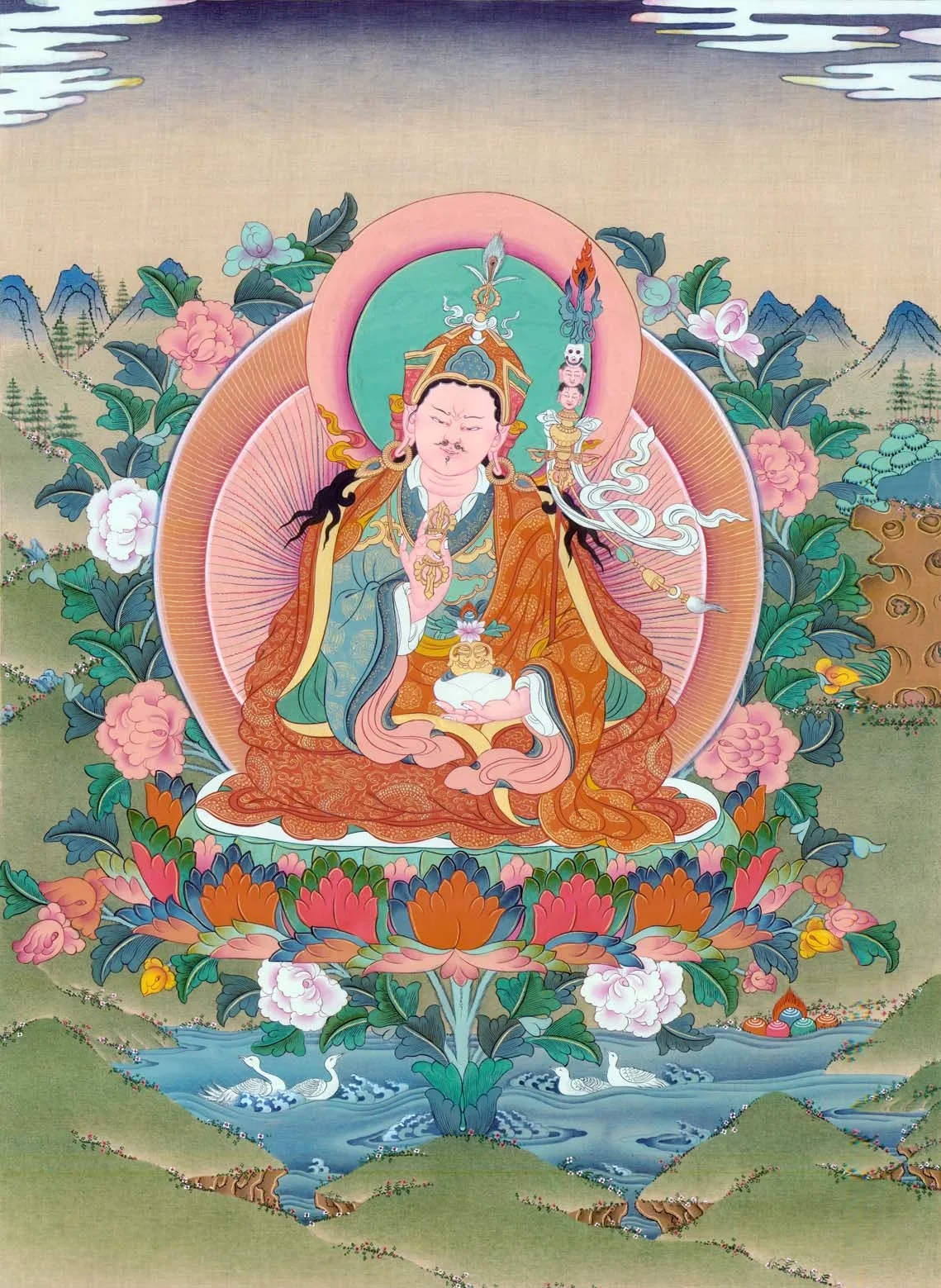 Padmasambhava - Guru Rinpoche Thangka, Ganganra Buddista Tibetano Thangka Art, Giclée Stampato E Incorniciato A Mano, 47 "X 32"
