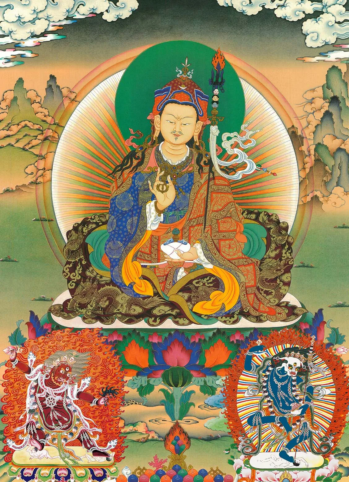 Padmasambhava - Guru Rinpoche Thangka, Ganganra Buddista Tibetano Thangka Art, Giclée Stampato E Incorniciato A Mano, 47 "X 32"