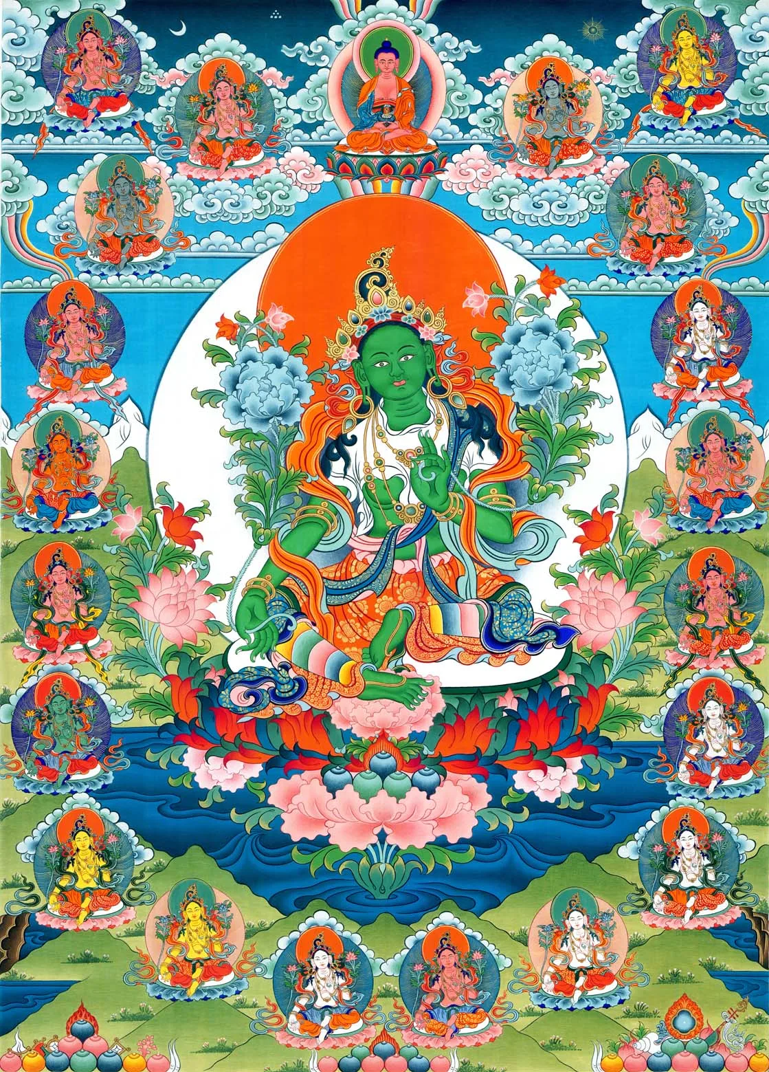 The 21 Taras - Green Tara Thangka, Ganganra Buddista Tibetano Thangka Art, Giclée Stampato E Incorniciato A Mano, 47 "X 32"