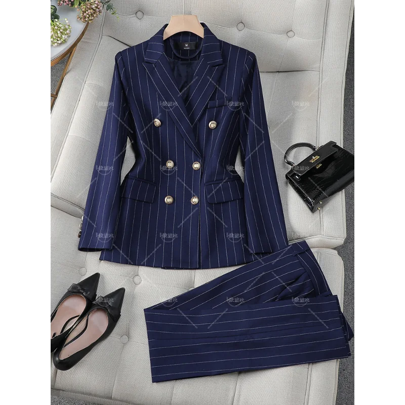 Fashion S-8Xl Office Ladies Formal Pant Suit Set Donna Blue Striped Female Business Work Wear 2 Pezzi Blazer Jacket E Pantaloni