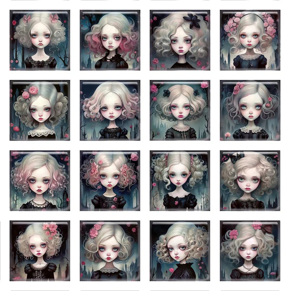 10 Pz/Lotto Square Photo Glass Cabochon Charms Gothic Flower Girl Demo Cameo Con Retro Piatto Per Accessori Per La Creazione Di Gioielli Fai Da Te