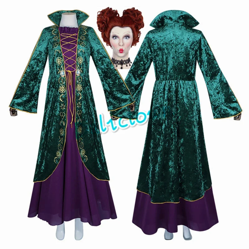 Halloween Hocus Pocus Winifred Sanderson Cosplay Costume Parrucca Vintage Gothic Dress Donna Ragazze Red Queen Costume Medievale