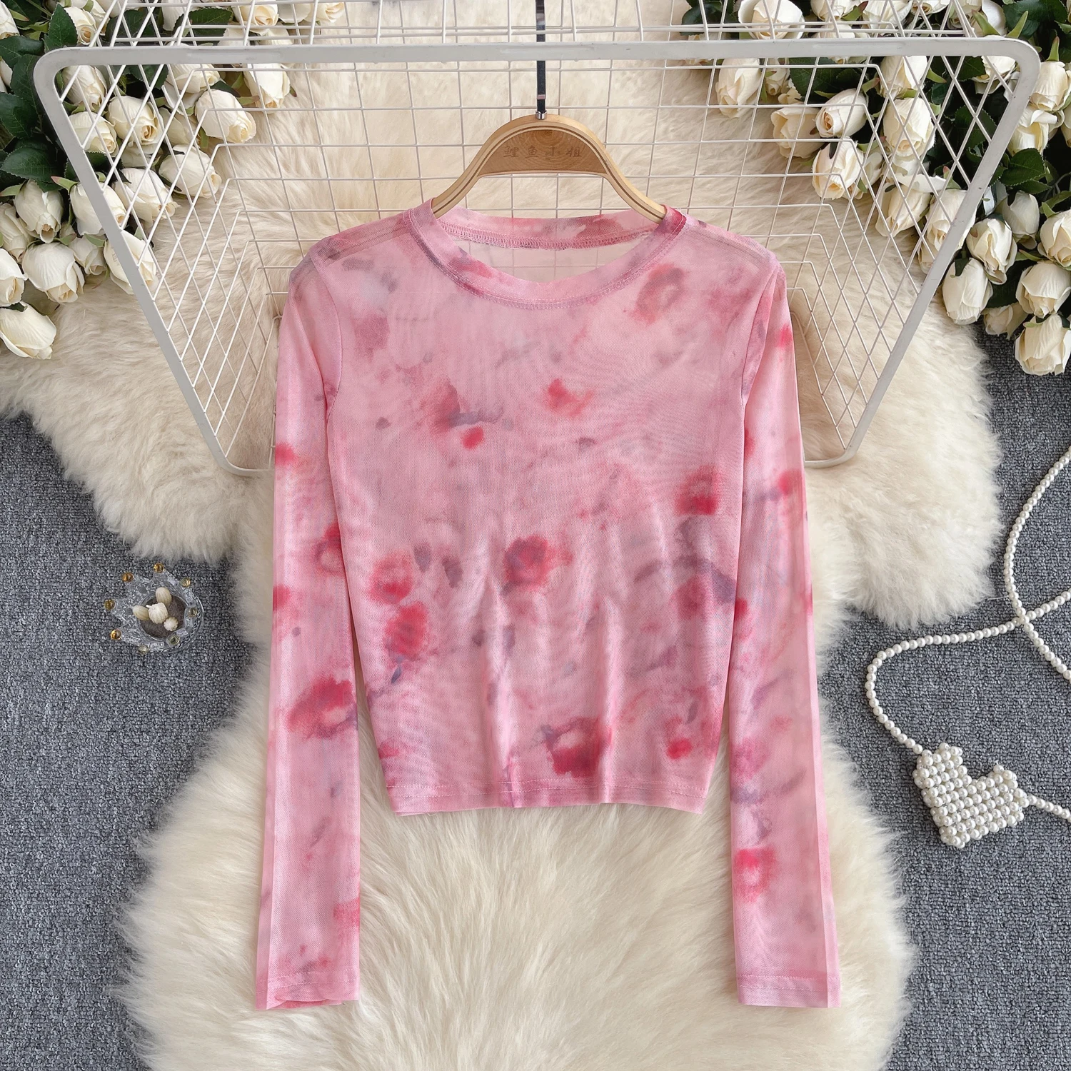 Chic Tie Dye Print Mesh Maglietta Asimmetrica Garza Vintage Top Sexy Bodycon Crop Top O Collo Manica Lunga Tees Donna Streetwear