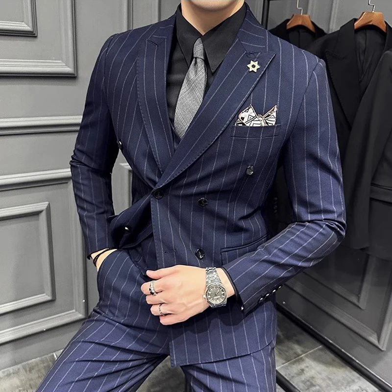 Giacca + Pantaloni Set 2 Pezzi Per Uomo 2024 Brand Slim Business Mens Dress Suits Wedding Groom Party Costume A Righe Homme Plus Size