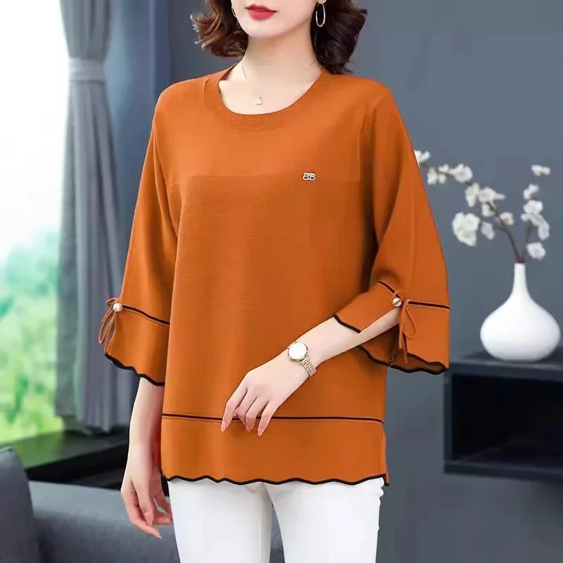 Oversize Summer New Ice Silk Shirt 3/4 Maniche T-Shirt Girocollo Maglione Lavorato A Maglia Top Allentato Per Indossare Outwear Top Nero 6Xl