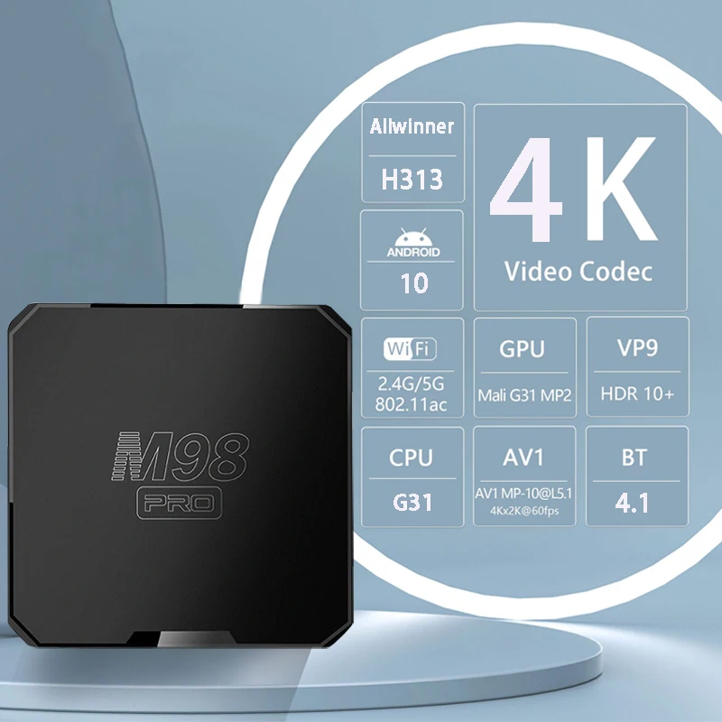 M98 Pro Atv Tv Box Smart Set-Top Box 4K Media Player H313 Dual Wi Fi 4G 5G Hd 4K 2Gb 16Gb Bt 4.1 Telecomando Vocale Tv Box
