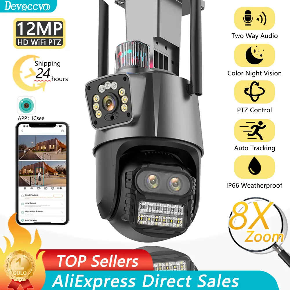 12Mp Three Lens 8X Ptz Zoom Outdoor Security Light Alarm 6K Videosorveglianza Wifi Ip Ptz Cctv Network Icsee Ptz Control Camera