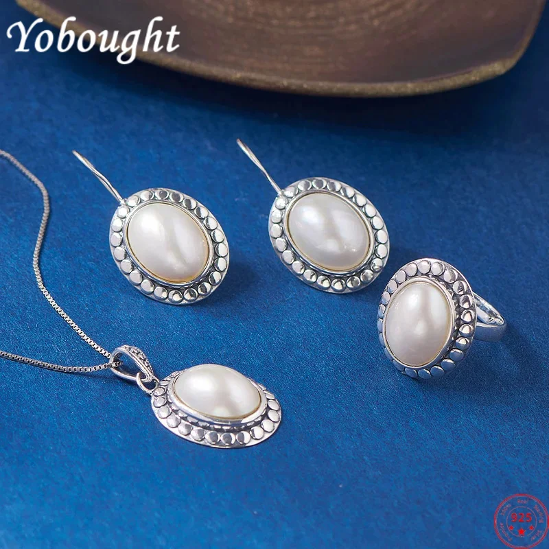 S925 Gioielli In Argento Sterling-Set Per Le Donne New Fashion Simple Patten Mabe Pearl Pendant Ear Drop Orecchini Anelli Spedizione Gratuita