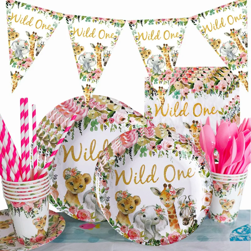 Pink Wild One Jungle Animal Stoviglie Set Primo 1 ° Compleanno Party Decor Kids Forest Supplies Jungle Safari Theme Party Decor