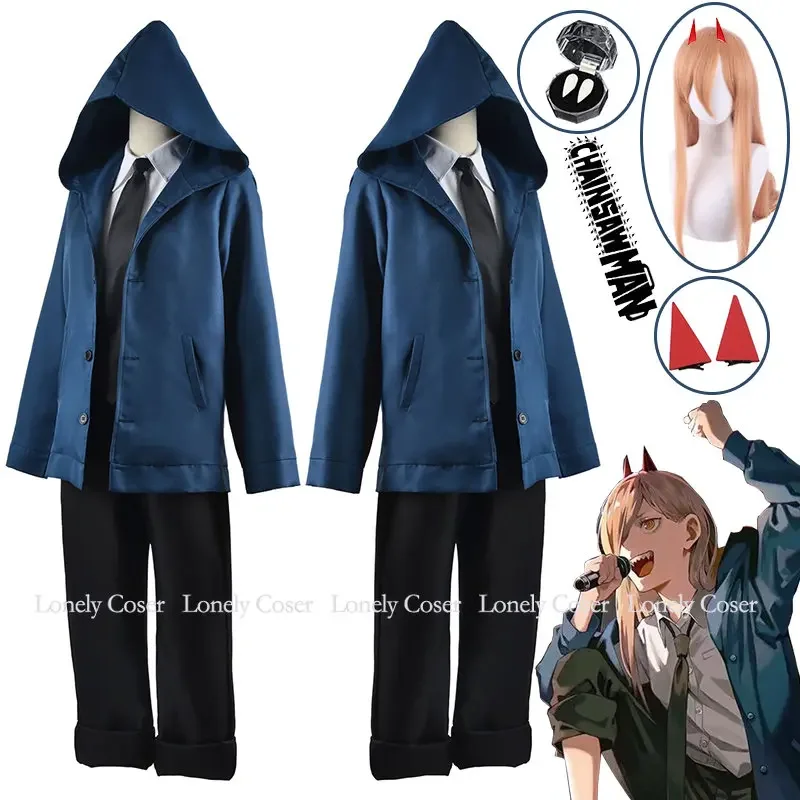 Power Cosplay Costume Anime Chainsaw Man Part 2 Blue Uniform Parrucca Denti Felpa Con Cappuccio Forcine Blood Fiend Devil Makima Denji Girl Women