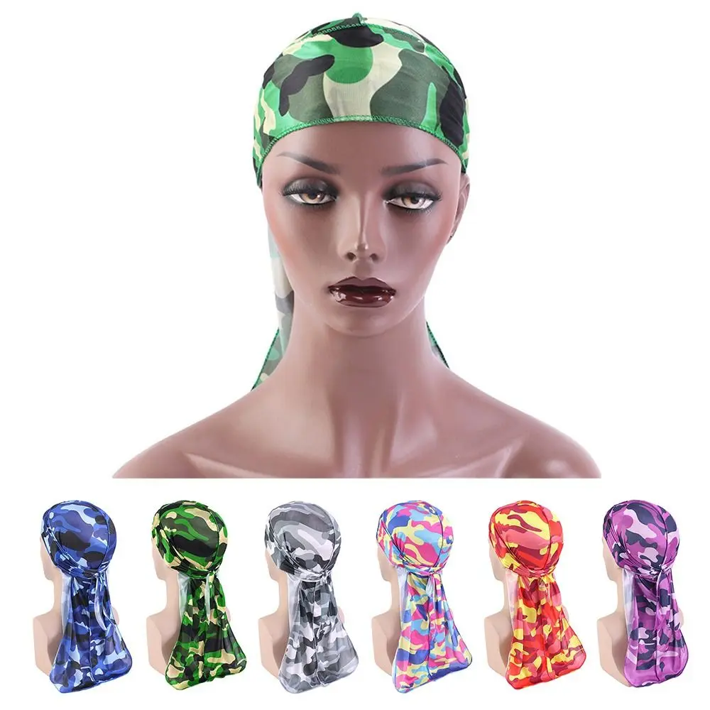 Multicolor Silk Camouflage Durag Sport Headband Trecce A Coda Lunga Cappello Da Pirata Elasticità Moda Chemioterapia Cap Uomo Donna