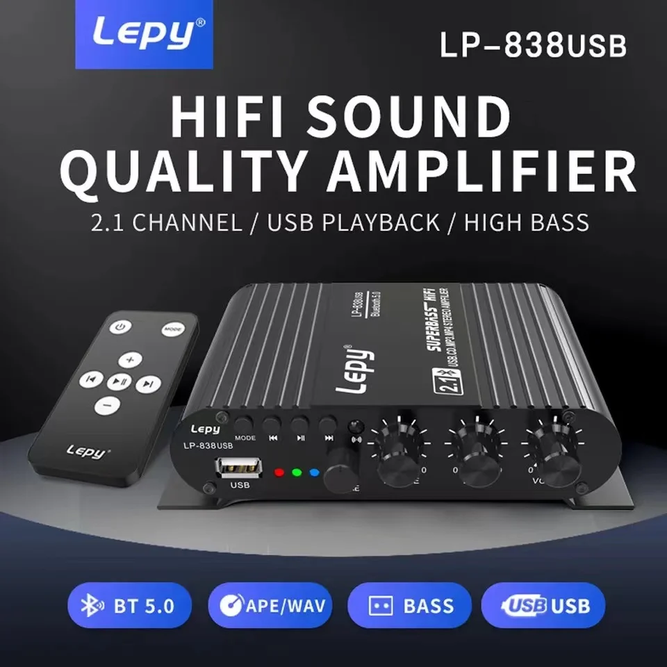 Con Alimentazione 12 V3A + Cavo Audio Lepy Lp-838 Mini Amplificatore Di Potenza Per Auto Hi-Fi Digitale 2.1Ch Subwoofer Digitale Stereo Bass Audio Pla