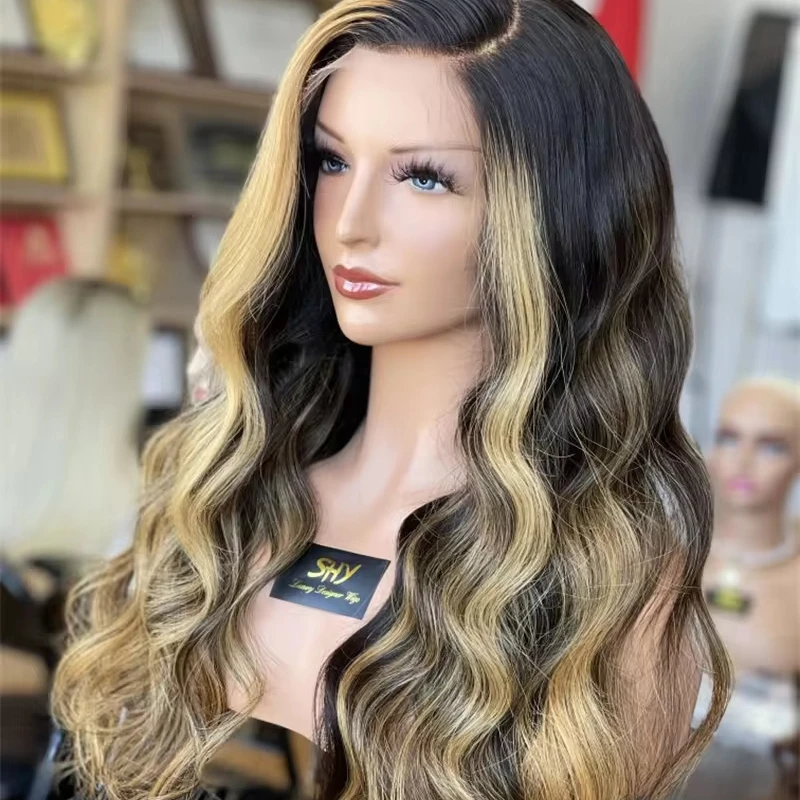 Shy Dark Root With Light Blonde Highlights Full Lace Pelucas Humanas Parrucca Frontale In Pizzo 13X4 Wave Ombre Color Raw Virgin Hair 300%
