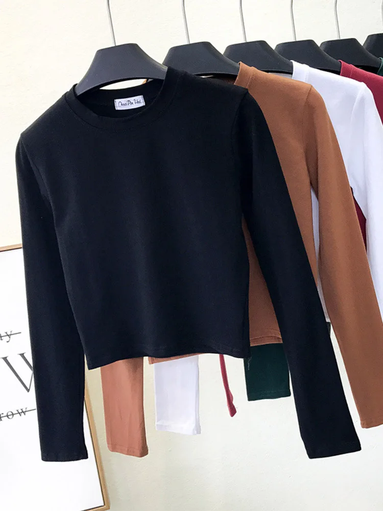 Abbigliamento Donna Sexy In Cotone Nero O-Collo Manica Lunga Ombelico Base Autunnale Abbigliamento Donna Moda Casual Ropa Mujer