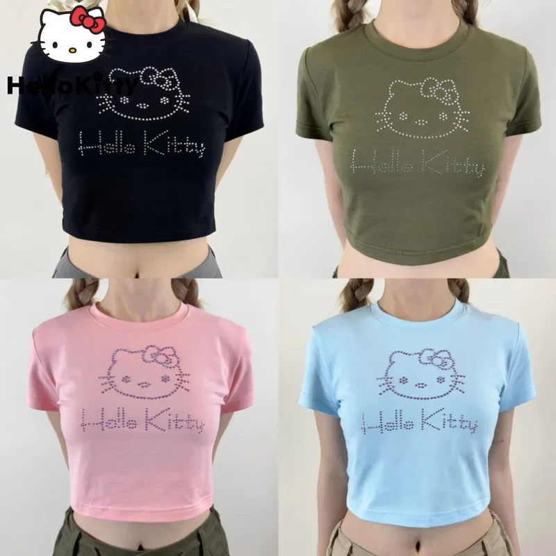 Sanrio Hello Kitty Strass Carino T-Shirt Manica Corta Per Le Donne Y2K Estate Slim Rosa Crop Top Dolce Ragazza T-Shirt T-Shirt Corta
