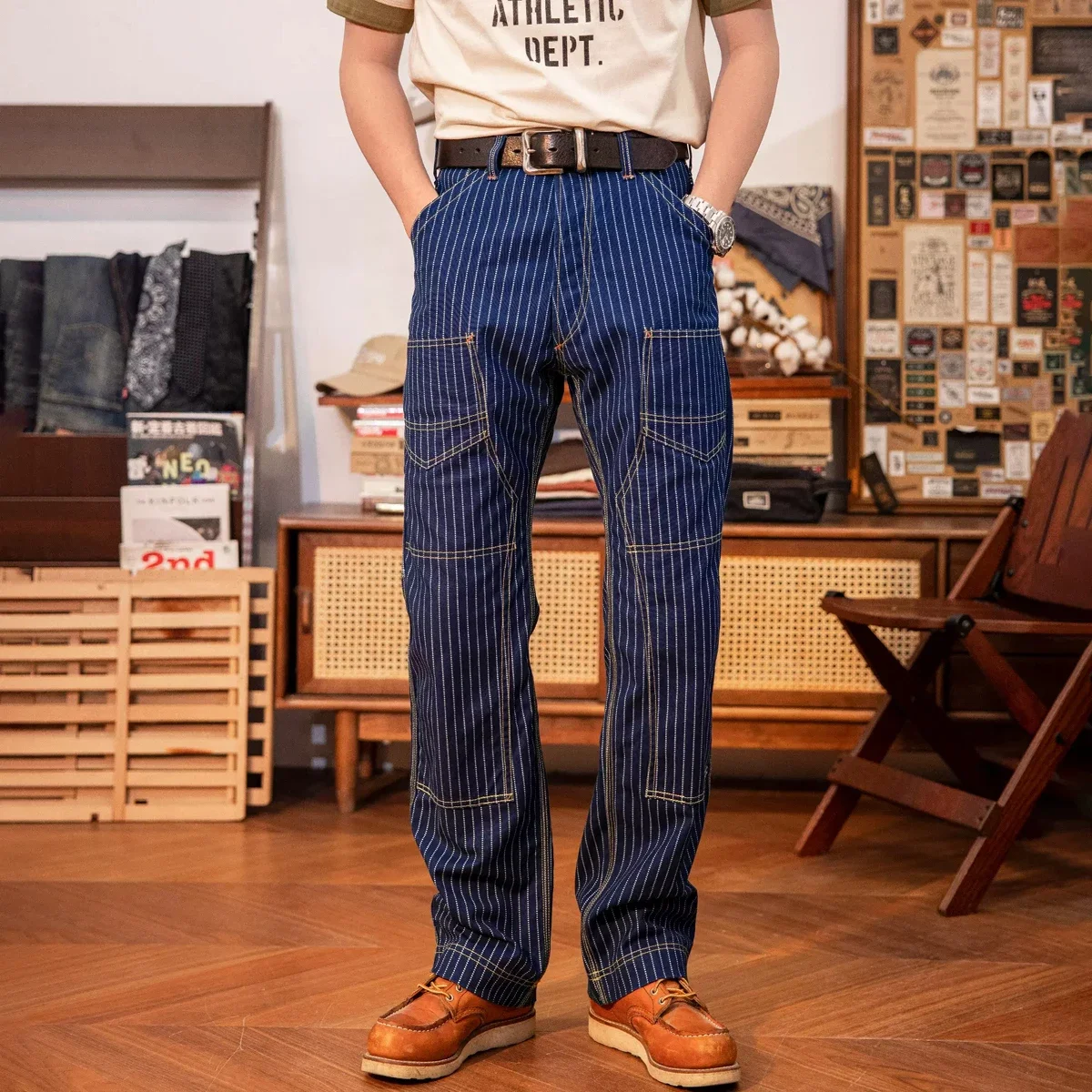 Red Tornado Double-Front Indigo Wabash Stripes Pantaloni Di Tela Tuta Derrickman Amekaji